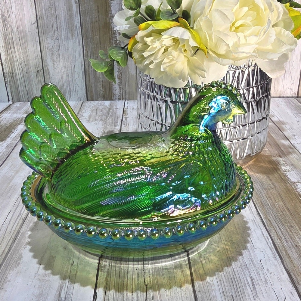 Vintage Indiana Glass Hen on Nest Lime GREEN CARNIVAL GLASS Covered Dish MCM 7'